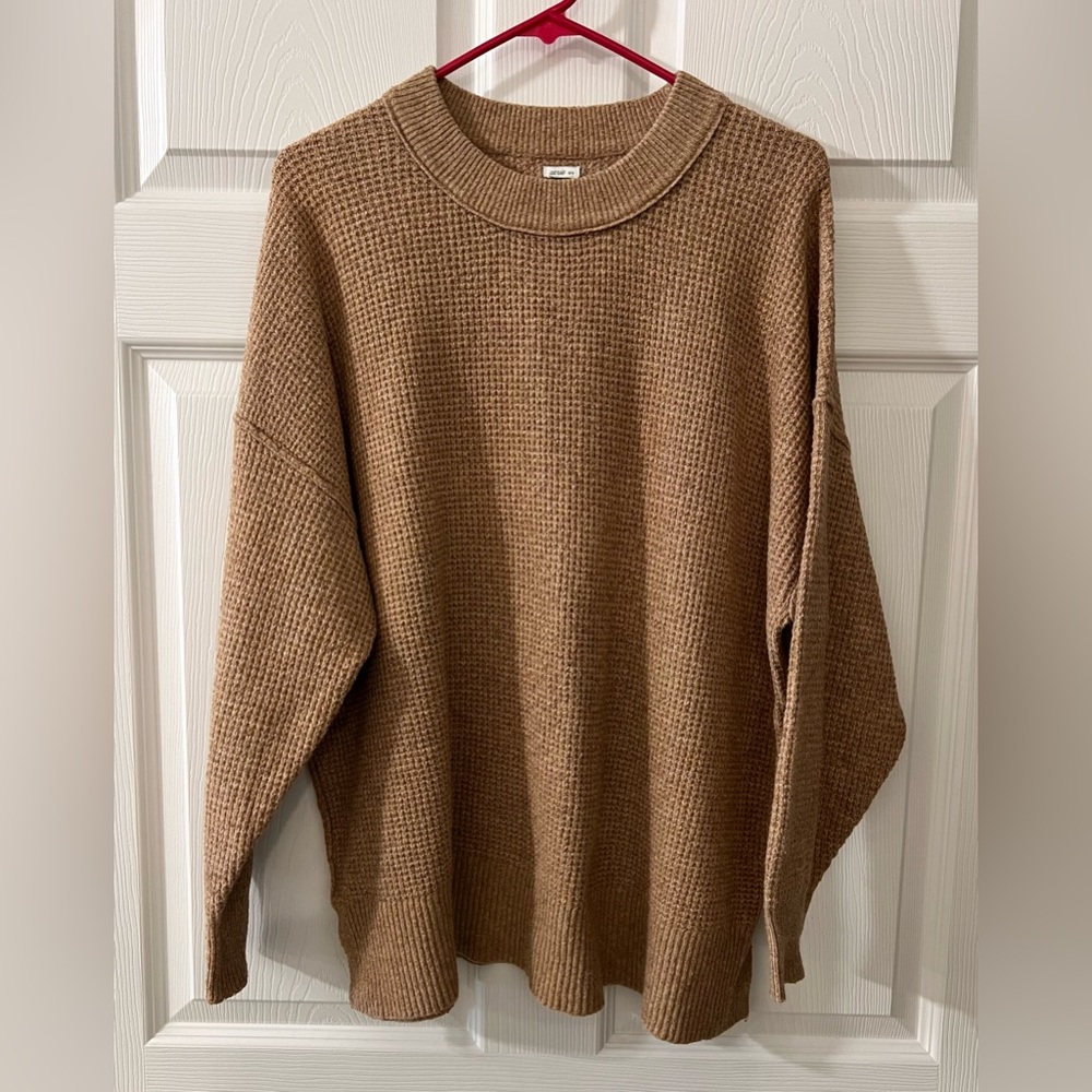 aerie Waffle-Knit Crewneck Sweater in Camel Brown